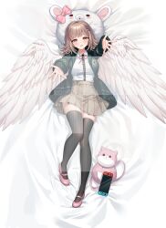 Rule 34 | 1girl, 71150521 (user agrk2888), angel wings, animal bag, arms up, bed sheet, black thighhighs, bow, breasts, brown skirt, cat bag, commentary request, dakimakura (medium), danganronpa (series), danganronpa 2: goodbye despair, dress shirt, ear bow, feathered wings, galaga, hair ornament, highres, large breasts, miniskirt, nanami chiaki, neck ribbon, outstretched arms, pink bag, pink bow, pink footwear, pleated skirt, ribbon, shirt, skirt, solo, thighhighs, two-tone shirt, usami (danganronpa), wings, zettai ryouiki