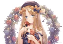 Rule 34 | 1girl, :o, abigail williams (fate), alternate costume, bare arms, bare shoulders, black bow, black dress, black hat, blonde hair, blue eyes, blue flower, blue rose, blush, bow, collarbone, commentary request, dress, fate/grand order, fate (series), flower, forehead, hair bow, hands up, hat, holding, holding flower, holding stuffed toy, key, long hair, multiple hair bows, orange bow, parted bangs, parted lips, polka dot, polka dot bow, red flower, red rose, rose, sankareien, simple background, sleeveless, sleeveless dress, solo, strap slip, stuffed animal, stuffed toy, teddy bear, twitter username, upper body, very long hair, white background