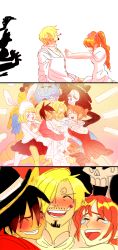 Rule 34 | 3girls, 5girls, absurdres, afro, animal ears, black hair, blonde hair, blue eyes, blush, breasts, brook (one piece), brown hair, carrot, charlotte pudding, cleavage, dress, earrings, franky (one piece), furry, hat, highres, hug, injury, jewelry, jinbe (one piece), lips, long hair, looking at another, looking at viewer, monkey d. luffy, multiple girls, nami (one piece), one piece, orange hair, puppet strings, rabbit ears, rejection, rita ya, sad, sanji (one piece), simple background, skeleton, smile, tears, thinking, third eye, tony tony chopper, tsundere, twintails, upper body, wedding dress