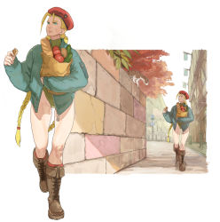 Rule 34 | 1girl, alley, bag, beret, blonde hair, boots, braid, bread, cammy white, cat, commentary request, food, green leotard, grocery bag, hat, holding, holding bag, holding food, jacket, leotard, long hair, looking up, outdoors, paper bag, scar, shopping bag, signpost, smile, solo, sora-bakabon, stone wall, street fighter, street fighter v, tomato, tree, twin braids, wall