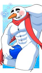 Rule 34 | 1boy, abs, bara, blush, bucket, carrot, covering crotch, covering privates, cropped legs, flying sweatdrops, highres, huge eyebrows, large pectorals, leaning forward, male focus, meat (gomeneteta), monster boy, muscular, muscular male, nipples, nude, original, pac-man eyes, pectorals, personification, red scarf, scarf, shy, snowman, solo, standing, strongman waist, thick thighs, thighs