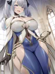 Rule 34 | 1girl, black gloves, black ribbon, blue dress, blush, breasts, cameltoe, cape, cleavage, cleavage cutout, clothing cutout, covered navel, dress, gloves, gold trim, grey hair, hair ribbon, highres, large breasts, long hair, long sleeves, looking at viewer, oekakizuki, open mouth, original, purple eyes, ribbon, side slit, smile, solo, sword, thighs, twintails, two-tone dress, weapon, white cape, white dress