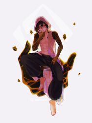 Rule 34 | 1boy, abs, absurdres, aoitorix, arm tattoo, baggy pants, bare shoulders, barefoot, black hair, brown hair, cloak, feet, floating, floating rock, genshin impact, giant hand, hair between eyes, hand on own chin, hand on own thigh, highres, hood, hood up, hooded cloak, looking at viewer, male focus, midriff, multicolored hair, one eye closed, pants, pectorals, simple background, sitting, sitting on hand, sleeveless, solo, tattoo, toned, toned male, white background, yellow eyes, zhongli (archon) (genshin impact), zhongli (genshin impact)