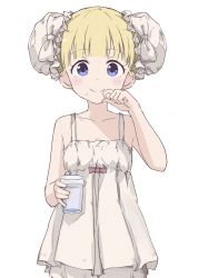 Rule 34 | 1girl, blonde hair, blue eyes, blunt bangs, blush, bow, cup, double bun, emilico (shadows house), hair bun, highres, holding, holding cup, looking at viewer, pajamas, pink bow, rauto, shadows house, shirt, simple background, solo, two side up, upper body, water, white background, white shirt