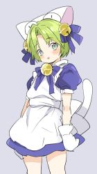 Rule 34 | 1girl, :d, animal ears, apron, atage, bell, blush, bow, bowtie, cat ears, cat tail, cowboy shot, dejiko, di gi charat, dress, gloves, green eyes, green hair, grey background, hair bell, hair ornament, jingle bell, looking at viewer, neck bell, open mouth, puffy short sleeves, puffy sleeves, purple bow, purple bowtie, purple dress, short hair, short sleeves, simple background, smile, solo, standing, tail, white apron, white gloves
