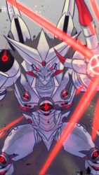 Rule 34 | 1boy, appmon, armor, artist request, cape, charismon, claws, creature, digimon, digimon universe: appli monsters, full armor, glowing, glowing eyes, highres, incoming attack, looking at viewer, monster, no humans, red eyes, serious, shaded face, solo, standing