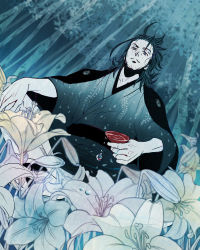 Rule 34 | 1boy, bamboo, bamboo forest, black hair, blurry, cup, depth of field, flower, forest, from below, half updo, hand on own knee, haori, holding, holding cup, japanese clothes, kimono, lily (flower), limited palette, male focus, nature, nihongou (touken ranbu), raised eyebrow, sandals, sitting, solo, touken ranbu, twitter username, water drop, yuuki (yukko7474)