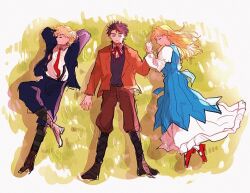 Rule 34 | 1girl, 2boys, arms behind head, black hair, blonde hair, blue dress, blue jacket, blue pants, blue sweater vest, boots, brown footwear, brown pants, closed eyes, collared shirt, cross-laced footwear, dio brando, dress, erina pendleton, from above, fuha (azukiba 9), full body, grass, green socks, holding hands, jacket, jojo no kimyou na bouken, jonathan joestar, lace-up boots, long dress, long hair, long sleeves, lying, mary janes, multiple boys, neck ribbon, necktie, on back, on grass, on side, open clothes, open jacket, orange jacket, pants, phantom blood, red footwear, red necktie, red ribbon, ribbon, shirt, shoes, short hair, sleeping, socks, striped clothes, striped socks, sweater vest, white shirt, white socks, wing collar