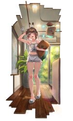 Rule 34 | 1girl, absurdres, air conditioner, bag, blush, brown eyes, brown hair, crossed bandaids, day, feather hair ornament, feathers, friend (nanashi mumei), full body, hair ornament, highres, hololive, hololive english, indoors, looking at viewer, midriff, multicolored hair, nanashi mumei, navel, one eye closed, pajamas, paper bag, pillow, plant, potted plant, short hair, slippers, solo, squiggle, standing, streaked hair, tenchi mayo, virtual youtuber, wooden floor