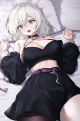Rule 34 | 1girl, absurdres, armpit crease, artist request, bare shoulders, bed sheet, belt, black choker, black jacket, black shirt, black skirt, blue eyes, breasts, brown pantyhose, choker, cleavage, commission, crop top, cropped jacket, halterneck, hands up, high-waist skirt, highres, jacket, large breasts, lipstick mark, long sleeves, looking at viewer, lying, midriff, multiple straps, off shoulder, on back, on bed, open mouth, original, pantyhose, pillow, second-party source, shirt, short hair, single leg pantyhose, skirt, sleeveless, sleeveless shirt, solo, spaghetti strap, strap gap, white hair