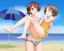 Rule 34 | 2girls, :o, absurdres, acrux, animal print, artist logo, barefoot, beach, beach towel, beach umbrella, bikini, black bikini, blue sky, breasts, brown eyes, brown hair, carrying, closed mouth, cloud, cloudy sky, commentary, crab, dated, english commentary, feet, frilled one-piece swimsuit, frills, girls und panzer, groin, highres, horizon, kawanishi shinobu, maruyama saki, multiple girls, ocean, one-piece swimsuit, outdoors, parted lips, princess carry, print bikini, short hair, short ponytail, sky, small breasts, smile, soles, standing, swept bangs, swimsuit, tiger print, toes, towel, umbrella, yellow one-piece swimsuit