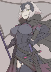 Rule 34 | 1girl, ahoge, armor, armored dress, bad id, bad pixiv id, black dress, black gloves, black thighhighs, blonde hair, breasts, cape, chain, commentary request, covered erect nipples, dress, fate/grand order, fate (series), flag, fur trim, gauntlets, gloves, hand on own hip, headpiece, highres, jeanne d&#039;arc (fate), jeanne d&#039;arc alter (avenger) (fate), jeanne d&#039;arc alter (avenger) (first ascension) (fate), jeanne d&#039;arc alter (fate), large breasts, looking at viewer, mikoyan, short hair, simple background, solo, standing, sword, thighhighs, weapon, yellow eyes