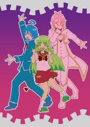 Rule 34 | 1girl, 2boys, :d, :o, ahoge, ascot, asmodeus alice, blue eyes, blue hair, blue pants, bow, bowtie, brooch, curled horns, demon tail, gold trim, gradient background, green eyes, green footwear, green hair, hachicoro93, hand up, hands up, highres, horns, jewelry, long hair, long sleeves, looking at viewer, mairimashita! iruma-kun, multiple boys, open mouth, pants, pink hair, red bow, red eyes, school uniform, sharp teeth, shoes, short hair, simple background, slippers, smile, standing, standing on one leg, suzuki iruma, tail, teeth, valac clara, white footwear