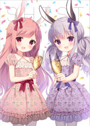 Rule 34 | 2girls, :d, animal ears, artist name, blush, bow, chitosezaka suzu, commentary request, confetti, cup, dress, drinking glass, floral print, hair between eyes, hair bow, head tilt, holding, holding cup, holding drinking glass, long hair, looking at viewer, low twintails, multiple girls, open mouth, original, pink dress, pink hair, print dress, puffy short sleeves, puffy sleeves, purple bow, purple dress, purple eyes, purple hair, rabbit ears, red bow, red eyes, short sleeves, smile, twintails, very long hair, white background