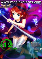 Rule 34 | 1girl, bare shoulders, blue eyes, boots, brown footwear, collarbone, dress, fairy, fedora, hat, highres, holding, knee boots, magical girl, non-web source, red hair, serious, short hair, sleeveless, sleeveless dress, solo, staff, star (symbol), thighhighs, wand, watermark, web address, white thighhighs, zettai ryouiki