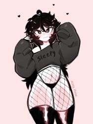 Rule 34 | 1girl, :3, black hair, closed mouth, fishnets, heart, heart-shaped pupils, highres, long hair, long sleeves, looking at viewer, mistysnugglebug, original, panties, pointy ears, sleepy (mistysnugglebug), smile, solo, sweater, symbol-shaped pupils, thick thighs, thighhighs, thighs, underwear