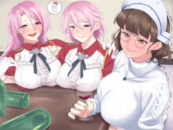 Rule 34 | 3girls, armpit cutout, blush, bottle, breasts, brown hair, clothing cutout, cup, drinking, drinking glass, drunk, earrings, giuseppe garibaldi (kancolle), glasses, gloves, headdress, jacket, jewelry, kantai collection, large breasts, long hair, looking at viewer, luigi di savoia duca degli abruzzi (kancolle), multiple girls, open mouth, pink hair, purple eyes, red jacket, ribbed sweater, roma (kancolle), shingyou (alexander-13), short hair, smile, snowman, stud earrings, sweater, table, trembling, white gloves, white sweater, wine bottle, wine glass