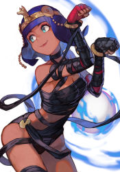 Rule 34 | 1girl, alternate color, alternate costume, asymmetrical gloves, bandages, beads, blue eyes, breasts, capcom, choker, circlet, closed mouth, crystal ball, dark-skinned female, dark skin, egyptian, egyptian clothes, gloves, hungry clicker, medium breasts, medium hair, menat, mummy, mummy costume, naked bandage, navel, official alternate costume, paw pose, purple hair, red gloves, sarashi, simple background, smile, solo, street fighter, street fighter v, white background, wide hips