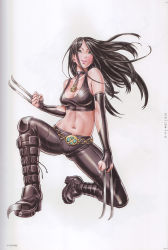 Rule 34 | 1girl, absurdres, animification, bare shoulders, belt buckle, black hair, blade, boots, breasts, bridal gauntlets, buckle, chain belt, character name, choker, claws, cleavage, clenched hands, clothing cutout, fighting stance, floating hair, full body, green eyes, high heels, highres, jewelry, knee boots, knee pads, kneeling, kotobukiya, kotobukiya bishoujo, laura kinney, leather, lipstick, long hair, looking up, makeup, marvel, medium breasts, midriff, navel, non-web source, on one knee, pants, parted bangs, pendant, shiny clothes, shoes, side cutout, simple background, skull, smile, solo, sports bra, spread legs, white background, x-23, x-men, yamashita shun&#039;ya