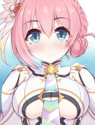 Rule 34 | 1girl, absurdres, blue eyes, braid, braided hair rings, breasts, cleavage cutout, closed mouth, clothing cutout, commentary request, hair ornament, highres, kuroha koudai, looking at viewer, looking back, medium breasts, official alternate costume, pink hair, princess connect!, short hair, smile, solo, yui (astral) (princess connect!), yui (princess connect!)