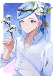 Rule 34 | 1boy, alternate costume, blue hair, border, branch, buttons, closed mouth, collared shirt, colored eyelashes, commentary, creatures (company), eyelashes, flower, game freak, grusha (pokemon), hair flower, hair ornament, hair ribbon, headband, highres, holding, holding branch, male focus, mocacoffee 1001, nintendo, pokemon, pokemon sv, ribbon, shirt, smile, solo, symbol-only commentary, upper body, white border, white shirt