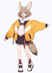 Rule 34 | 1girl, :d, animal ears, bell, belt, black skirt, bob cut, brown eyes, brown hair, coat, collar, commentary, ears up, fox ears, fox girl, fox tail, hood, hoodie, neck bell, open mouth, original, oversized clothes, red belt, red footwear, shoes, short hair, shugao, simple background, skirt, sleeves past wrists, smile, sneakers, socks, solo, tail, white background, white hoodie, yellow coat