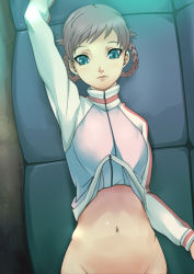 Rule 34 | 00s, 1girl, atlus, baanin, blue eyes, bottomless, braid, brown hair, couch, female focus, jacket, kayano megumi, lying, no panties, out-of-frame censoring, persona, persona trinity soul, raglan sleeves, solo, twin braids