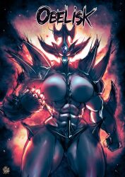 Rule 34 | 1girl, abs, armor, breasts, empty eyes, forehead jewel, highres, horns, large breasts, looking at viewer, md5 mismatch, muscular, muscular female, obelisk the tormentor, solo, the golden smurf, thick thighs, thighs, yu-gi-oh!