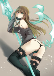 Rule 34 | 1boy, anus, anus peek, ass, black panties, black shirt, black thighhighs, blouse, brown background, brown hair, closed mouth, crossdressing, green eyes, gretel (sinoalice), holding, holding polearm, holding weapon, long hair, looking at viewer, mask, mibry (phrysm), mouth mask, panties, polearm, reality arc (sinoalice), shirt, simple background, sinoalice, solo, spear, testicles, thighhighs, thighs, thong, trap, underwear, weapon