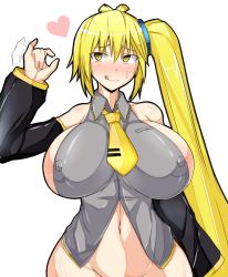 Rule 34 | 1girl, akita neru, bare shoulders, blonde hair, blush, bottomless, breasts, covered erect nipples, curvy, detached sleeves, female focus, groin, huge breasts, long hair, musuka (muska), navel, necktie, no bra, ponytail, sexually suggestive, side ponytail, sideboob, simple background, solo, standing, vocaloid, white background, yellow eyes