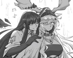 Rule 34 | 2girls, antlers, arknights, breasts, commentary, dlanon, gloves, greyscale, grin, hair ornament, horns, large breasts, long hair, monochrome, multiple girls, musical note, one eye closed, smile, upper body, very long hair, virtuosa (arknights), viviana (arknights), white background, x hair ornament