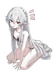Rule 34 | 1girl, all fours, arknights, bare arms, bare shoulders, barefoot, bikini, black bikini, braid, breasts, commentary request, crown braid, full body, highres, horn/wood, long hair, looking at viewer, official alternate costume, official alternate hairstyle, pale skin, pointy ears, red eyes, seiza, simple background, sitting, small breasts, solo, swimsuit, vampire, very long hair, warfarin (arknights), warfarin (casual vacation) (arknights), white background, white hair