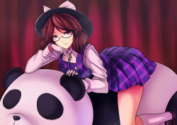 Rule 34 | 1girl, absurdres, bare legs, bow, breasts, brown footwear, brown hair, collared shirt, curtains, glasses, gloves, hand on own cheek, hand on own face, hat, hat bow, highres, kneehighs, koissa, light smile, long sleeves, looking at viewer, lying, medium breasts, miniskirt, on stomach, panda, plaid, plaid skirt, plaid vest, purple skirt, purple vest, red-framed eyewear, semi-rimless eyewear, shirt, shoes, short hair, short twintails, skirt, skirt set, smile, socks, solo, thighs, touhou, twintails, under-rim eyewear, unmoving pattern, usami sumireko, vest, white gloves, white shirt, white socks