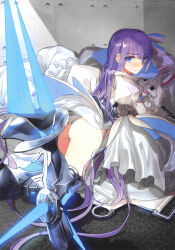 Rule 34 | absurdres, armored boots, ass, blue eyes, blush, boots, crotch plate, fate/extra, fate/extra ccc, fate/grand order, fate (series), highres, long hair, looking at viewer, meltryllis (fate), official art, prosthesis, prosthetic leg, purple hair, wada arco