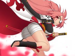 Rule 34 | 1girl, arc system works, artist name, ass, baiken, bandages, bent over, boots, breasts, cross-laced footwear, eyepatch, facial mark, fighting stance, from behind, glint, grin, guilty gear, guilty gear xrd, guilty gear xrd: revelator, hair ribbon, hand on hilt, japanese clothes, katana, kimono, kuroonehalf, large breasts, leaning, leaning forward, long hair, looking at viewer, looking back, obi, pink hair, ponytail, ready to draw, red eyes, red hair, ribbon, sarashi, sash, sheath, sheathe, sheathed, shiny skin, shoes, smile, solo, standing, standing on one leg, sword, thighs, toeless footwear, toes, very long hair, weapon