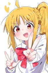 Rule 34 | 1girl, :d, ahoge, blonde hair, blush, bocchi the rock!, bow, collared shirt, commentary, double v, dress shirt, heart, highres, ijichi nijika, long hair, long sleeves, looking at viewer, open mouth, outstretched arm, parted bangs, red bow, red eyes, shirt, side ponytail, simple background, smile, solo, tosyeo, upper body, v, v-shaped eyebrows, white background, white shirt