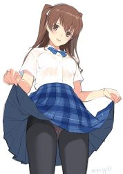 Rule 34 | 1girl, bra, brown eyes, brown hair, clothes lift, crotch seam, dress shirt, highres, lifting own clothes, long hair, mibu natsuki, panties, panties under pantyhose, pantyhose, shirt, skirt, skirt lift, solo, two side up, underwear, wet, wet clothes
