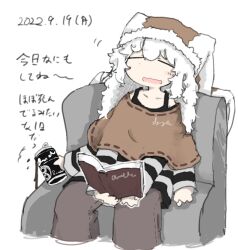 Rule 34 | 1girl, black shirt, blush, book, brown pants, brown poncho, can, canned coffee, chair, check translation, closed eyes, cropped legs, dated, drink can, extra arms, fur-trimmed headwear, fur trim, highres, holding, holding book, holding can, large hat, long hair, messy hair, on chair, open book, open mouth, original, pants, poncho, shirt, sitting, sleeping, sleeping upright, solo, spilling, striped clothes, striped shirt, torosakana, translation request, wavy mouth, white hair