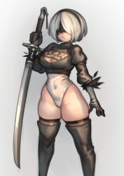 Rule 34 | 1girl, 2b (nier:automata), black hairband, blindfold, breasts, cleavage, commentary, curvy, elbow gloves, gloves, grey background, hairband, highleg, highleg leotard, highres, kelvin hiu, large breasts, leotard, mole, mole under mouth, navel, nier:automata, nier (series), parted lips, shiny skin, short hair, simple background, skindentation, solo, square enix, standing, sword, thick thighs, thighs, weapon, white hair, white leotard, wide hips