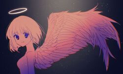 Rule 34 | 1girl, angel, angel wings, arima kana, arm at side, black background, bob cut, breasts, chinese commentary, closed mouth, commentary request, feathered wings, from side, halo, highres, looking at viewer, looking to the side, medium breasts, monochrome, no nipples, nude, oshi no ko, short hair, smile, solo, star (symbol), starry background, upper body, wings, xiang yu pai