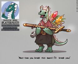 Rule 34 | :d, absurdres, artist name, basket, dragon, earrings, english text, furry, gem, gender request, hammer, highres, holding, holding sword, holding weapon, jewelry, neytirix, open mouth, original, sheath, sheathed, smile, standing, sword, weapon