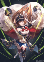 Rule 34 | 1girl, bad id, bad pixiv id, breasts, brown hair, choker, cleavage, detached sleeves, granblue fantasy, hat, hat feather, highres, jacket, jacket on shoulders, lecia (granblue fantasy), long hair, milli little, sheath, skirt, solo, sword, thighhighs, twitter username, weapon