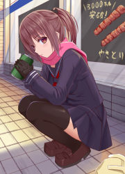Rule 34 | 1girl, black gloves, black serafuku, black shirt, black skirt, black thighhighs, blush, brown eyes, brown footwear, brown hair, can, commentary request, day, full body, gloves, hair between eyes, holding, holding can, loafers, long hair, long sleeves, looking at viewer, looking to the side, original, outdoors, parted lips, pink scarf, pleated skirt, ponytail, red neckwear, scarf, school uniform, serafuku, shirt, shoes, skirt, solo, squatting, thighhighs, tukino neru