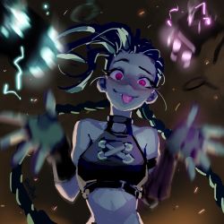 Rule 34 | 1girl, absurdres, arcane: league of legends, arcane jinx, bare shoulders, black choker, black gloves, blurry, blurry foreground, braid, breasts, choker, explosive, fingerless gloves, gloves, green hair, grenade, highres, jinx (league of legends), league of legends, long hair, looking at viewer, small breasts, smile, solo, teeth, tongue, tongue out, twin braids, upper body, vaffer