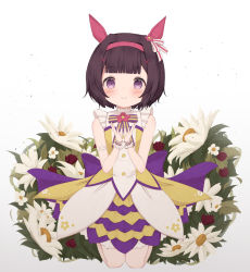 Rule 34 | 1girl, animal ears, bad id, bad pixiv id, bare shoulders, black hair, blunt bangs, blush, bow, closed mouth, commentary request, dress, flower, full body, gradient background, grey background, hair ornament, hairband, hands up, highres, horse ears, looking at viewer, nishino flower (umamusume), own hands together, purple eyes, red hairband, risu (ritharte), sleeveless, sleeveless dress, smile, striped, striped bow, umamusume, white dress, white flower, wrist cuffs, x hair ornament
