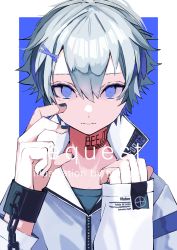 Rule 34 | 1girl, artist name, black nails, blue background, chain, closed mouth, commentary request, commission, cuffs, english text, grey hair, hair between eyes, hair ornament, hairclip, handcuffs, hands up, highres, homare eramoh, jacket, long sleeves, looking at viewer, nail polish, neck tattoo, original, purple eyes, short hair, skeb commission, sleeves past wrists, solo, tattoo, two-tone background, upper body, white background, white jacket