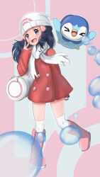 Rule 34 | 1girl, :d, bag, beanie, black hair, boots, coat, commentary request, creatures (company), dawn (pokemon), duffel bag, eyelashes, game freak, gen 4 pokemon, grey eyes, hair ornament, hairclip, hand up, happy, hat, highres, holding, holding poke ball, long hair, long sleeves, nintendo, open mouth, over-kneehighs, phone wallpaper, pink footwear, piplup, poke ball, poke ball (basic), pokemon, pokemon (creature), pokemon dppt, pokemon platinum, raskorid, red coat, scarf, sidelocks, smile, thighhighs, tongue, wallpaper, white bag, white hat, white scarf