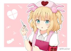 Rule 34 | &gt; &lt;, 1girl, :o, apron, bandaged arm, bandages, blonde hair, brown background, clipboard, collared shirt, commentary request, cosplay, eggplant, gochuumon wa usagi desu ka?, green eyes, hair ornament, hat, heart, holding, holding syringe, kirima syaro, looking at viewer, mitya, natori sana, natori sana (cosplay), nurse cap, outline, parted lips, pill, pink apron, pink hat, puffy short sleeves, puffy sleeves, rabbit hair ornament, safety pin, sana channel, shirt, short sleeves, solo, syringe, twitter username, two side up, virtual youtuber, white background, white outline, white shirt