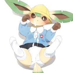 Rule 34 | absurdres, animal hands, bestiality, black sclera, clothing cutout, colored sclera, creatures (company), cum, cum on body, cum on clothes, facial, game freak, gen 4 pokemon, hat, highres, kindergarten uniform, leafeon, looking at viewer, lying, name tag, nintendo, no humans, panties, pokemon, pokemon (creature), pokephilia, school hat, simple background, skirt, socks, tail, tail through clothes, underwear, white background, white panties, yellow headwear, youjo modoki