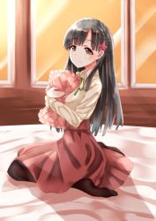 Rule 34 | 10s, 1girl, alternate costume, black eyes, black hair, black legwear, braid, closed mouth, commentary request, eyebrows, frilled pillow, frills, hair ornament, hairclip, highres, idolmaster, idolmaster cinderella girls, kobayakawa sae, long hair, long sleeves, looking at viewer, looking to the side, meme attire, hugging object, on bed, pillow, pillow hug, seiza, shirushiru (saitou888), sitting, smile, solo, virgin killer outfit, window